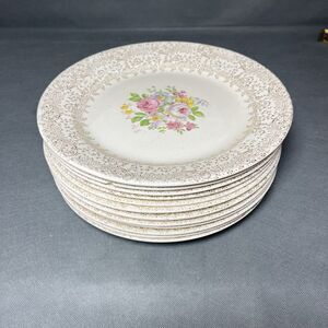 Dinner Plates 10" Royal China Rose Glory 24 Kt Gold-Set 12-Vintage 1950s